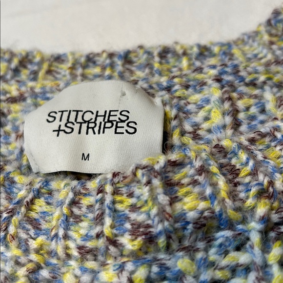 Stitches and Stripes Chunky Crewneck Sweater Size Medium blue yellow cream brown - Picture 2 of 7